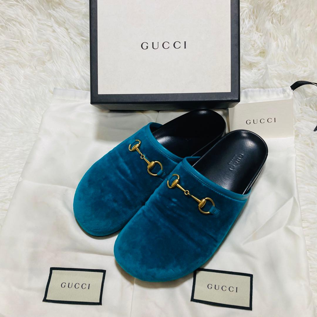 GUCCI グッチ　ホースビット　37 ベロア　サボ　サンダル　ミュール　ブルー GUCCI（グッチ） プリンスタウン フラワーエンブロイダリー デニム