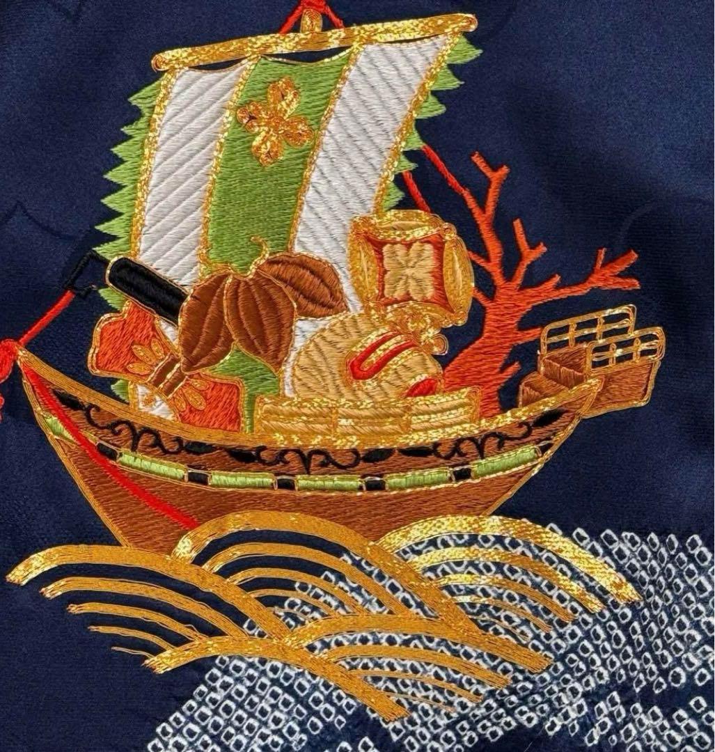《手刺繍　手縫い　絞り》高級お宮参り着 男の子「宝船」模様（しつけ付）