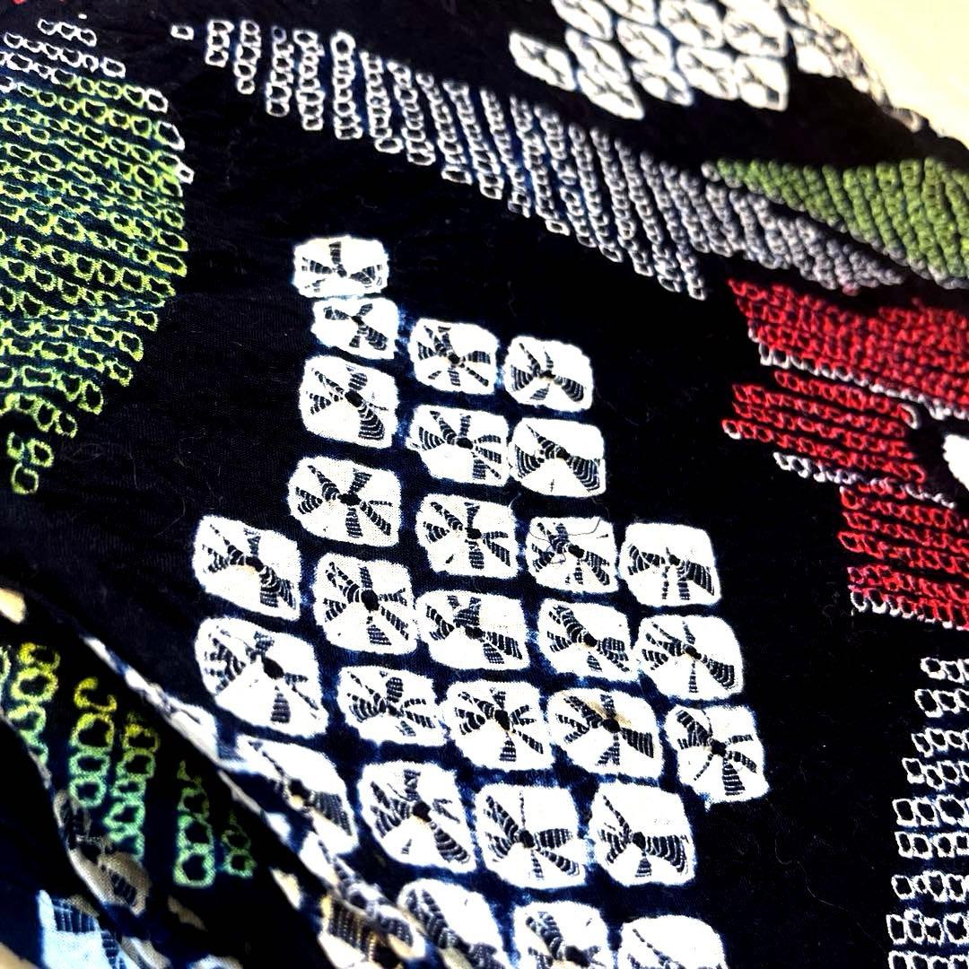 有松鳴海絞り 手蜘蛛 黒色寄りの濃紺 緑色 手縫い仕立て レディース