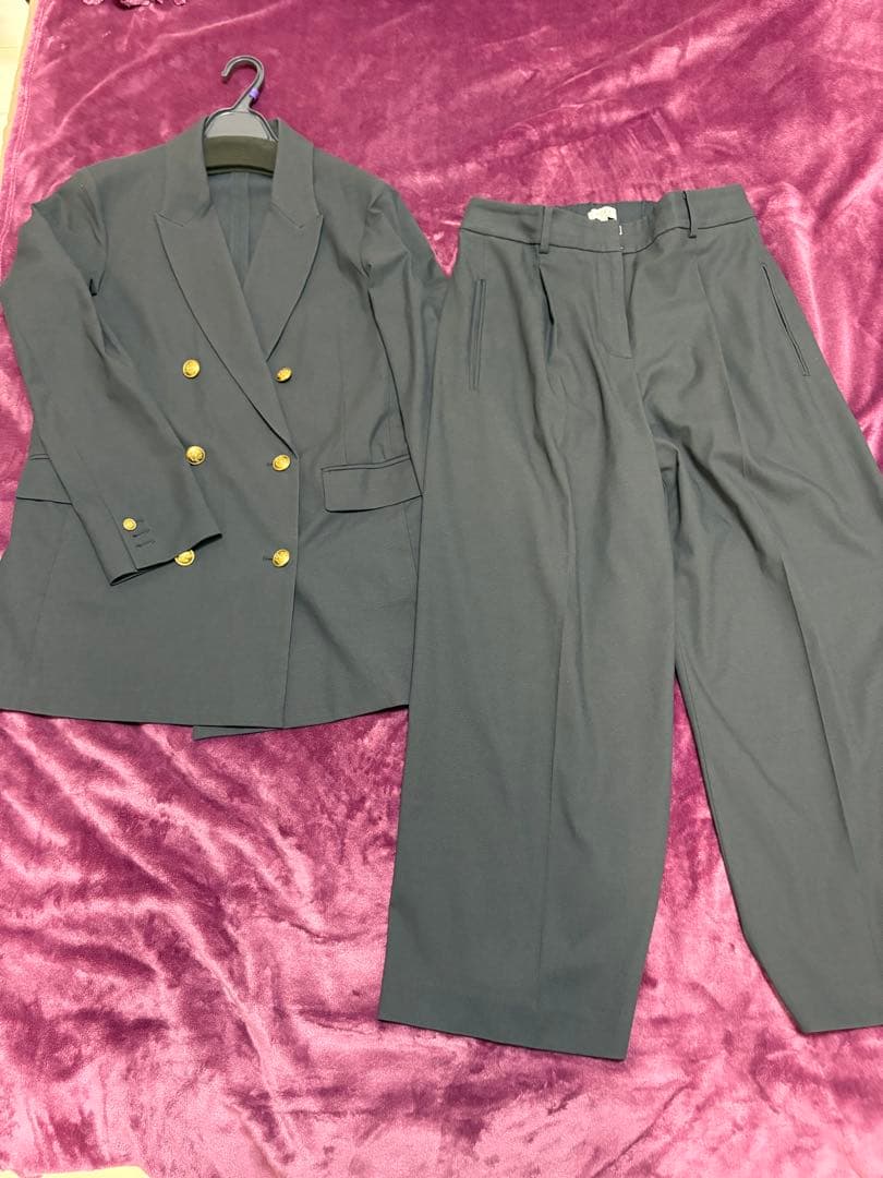 PLST プラステ リネンブレンドダブルジャケット＆ワイドパンツ ネイビーL トリアセブレンドダブルジャケット、ワイドパンツ（リネンブレンド