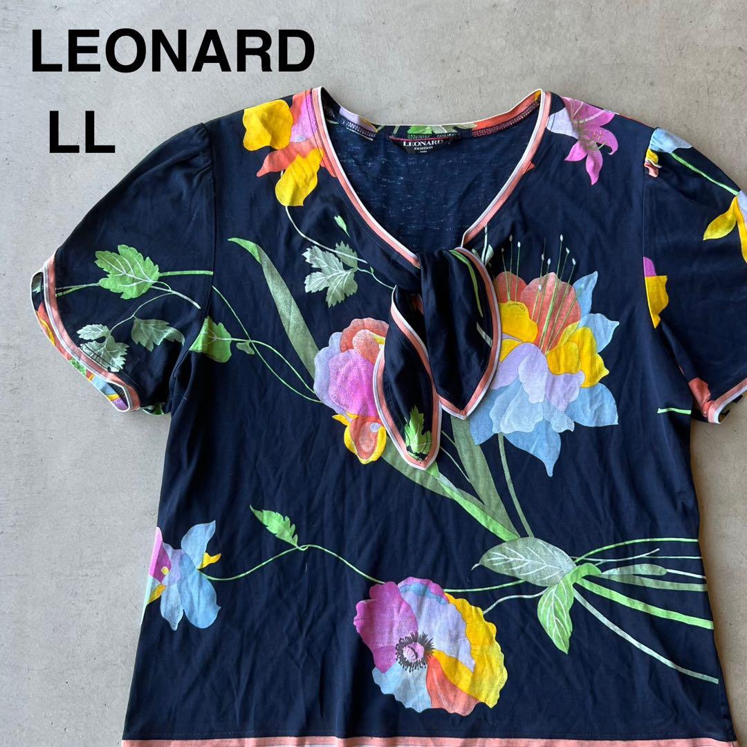 【LEONARD】レオナール　LL　半袖トップス　ブラウス　ネイビー　花柄 LEONARD（レオナール） #sxc セットアップ M 紺 マルチ ツーピース