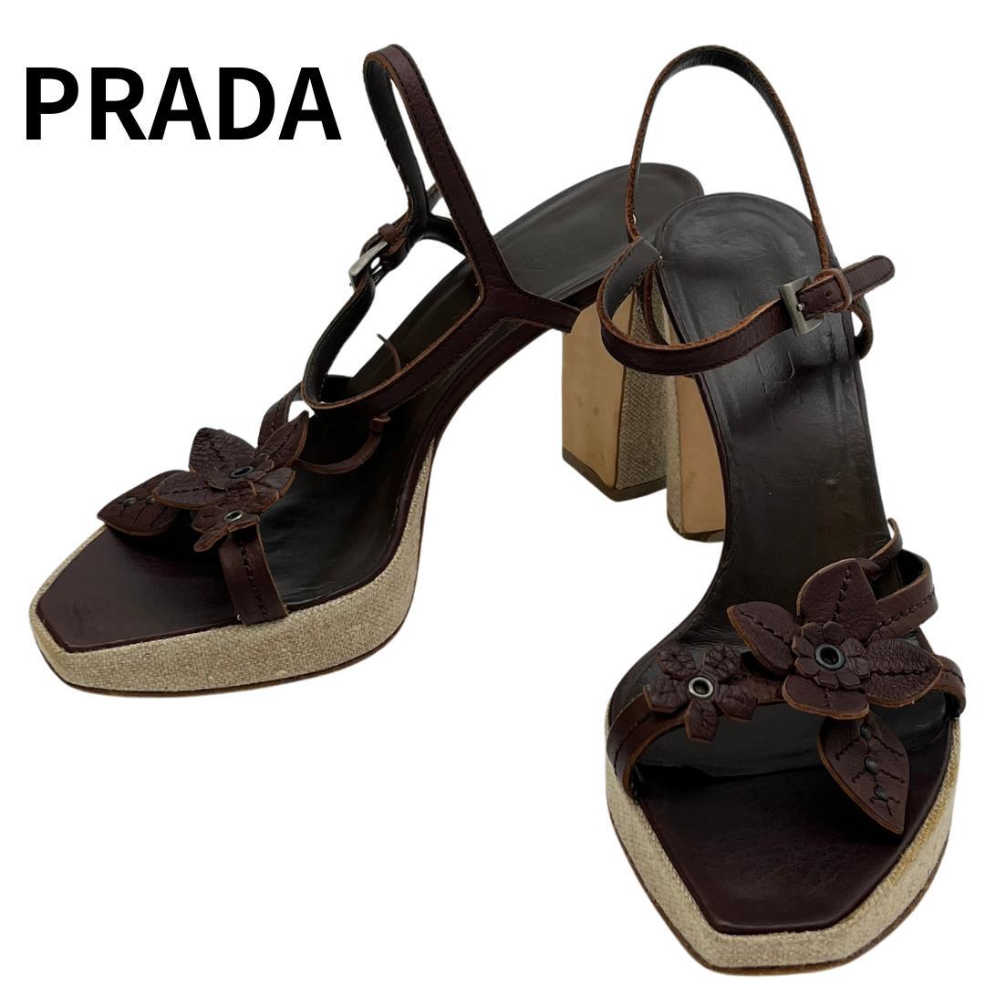 PRADA プラダ フラワーモチーフ サンダル ヒール　サイズ38　24cm PRADA＊Soft padded nappa leather sandals サンダル＊送料込 (PRADA