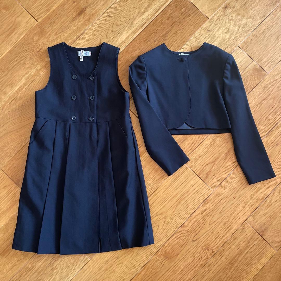【美品】130 MIKIHOUSE アンサンブル ワンピース ジャケット 受験 お受験スーツ】洗えるノーカラージャケットとワンピースのアンサンブル