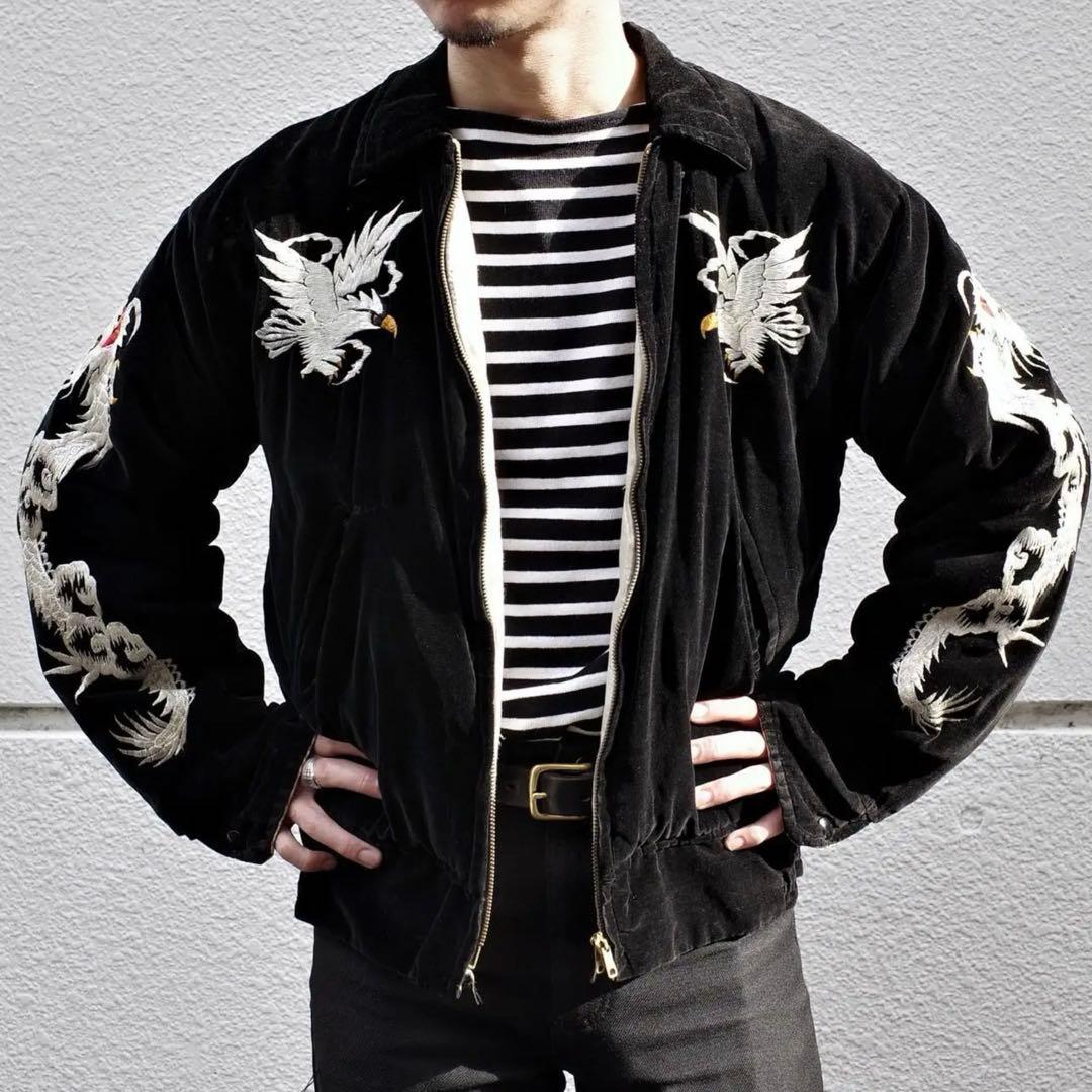 スカブルゾン】刺繍ドラゴンと鷲のベルベットジャンパー 黒2XL - メルカリ