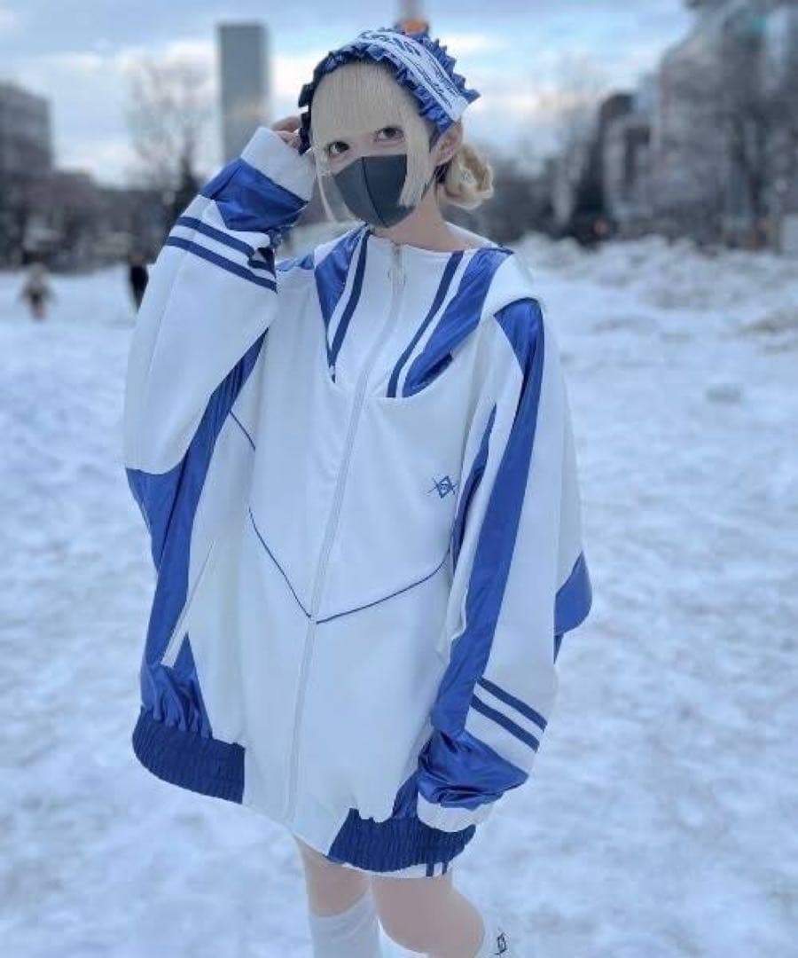 レフレム REFLEM BIG切替メタリックジャージパーカー ホワイト×ブルー