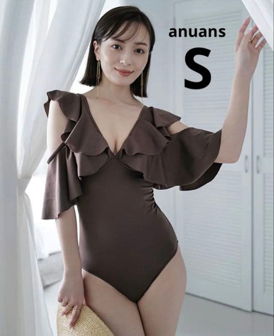 【新品】anuans　アニュアンス　フリルスリーブワンピース 水着　S　ブラウン anuans（アニュアンス）｜水着一覧 - WEAR