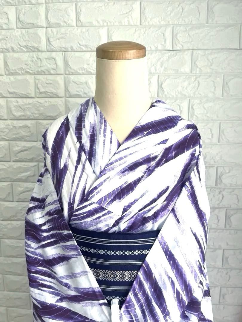 新品未使用】浴衣 単衣着物 普段着物 モダン柄 紫白 トールサイズ 裄長
