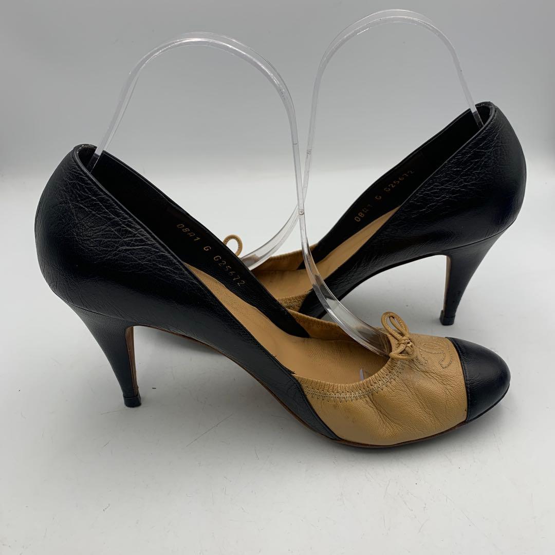 V945 シャネル パンプス 38.5 約 24.5cm ベージュ ブラック
