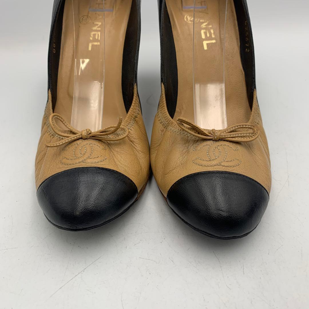 V945 シャネル パンプス 38.5 約 24.5cm ベージュ ブラック