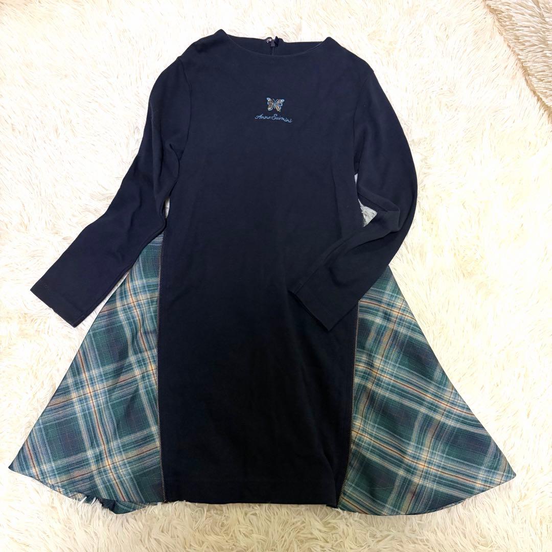アナスイミニ 130 ワンピース 長袖 ネイビー チェック ストーン - メルカリ