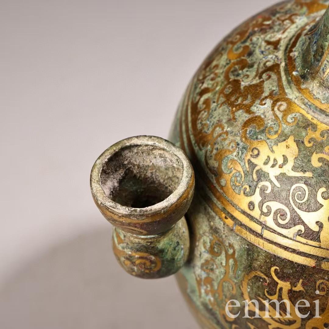 中国古美術・旧蔵搓金装飾と銘文入りの青銅製酒壺と油灯・青銅・純