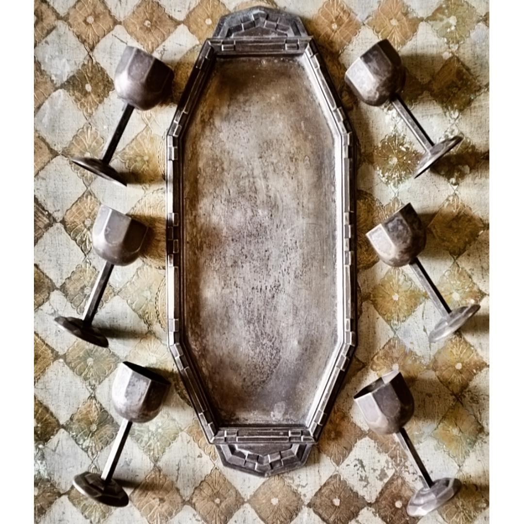 sold 1900s フランス 多数派オクトゴナル リキュールカップとトレイ Creil&Montereau 水色 オクトゴナル カップ アンド ソーサー クレイユ