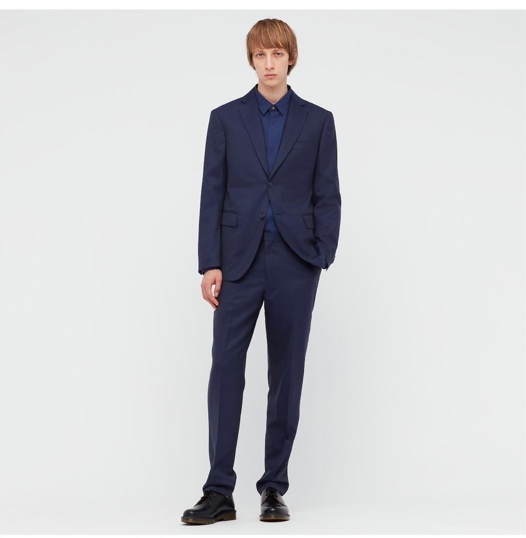 美品】UNIQLO ＋J ウール ストライプ ネイビー スーツセットアップ L