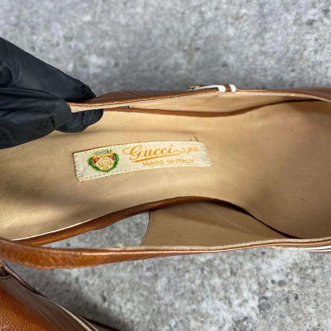 Old Gucci open-toe pumps brown leather - メルカリ