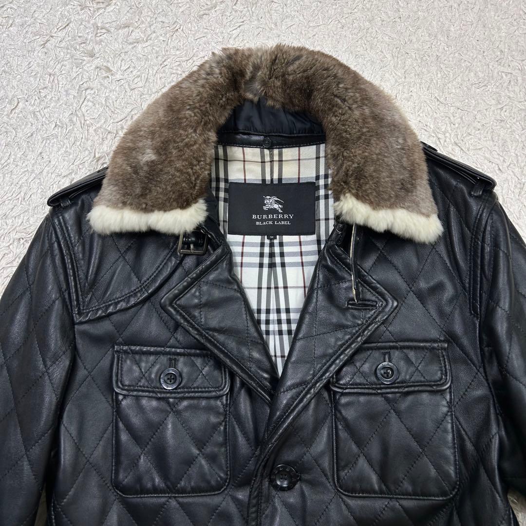 バーバリー ラムレザートレンチコート 黒 Mサイズ ラビットファー