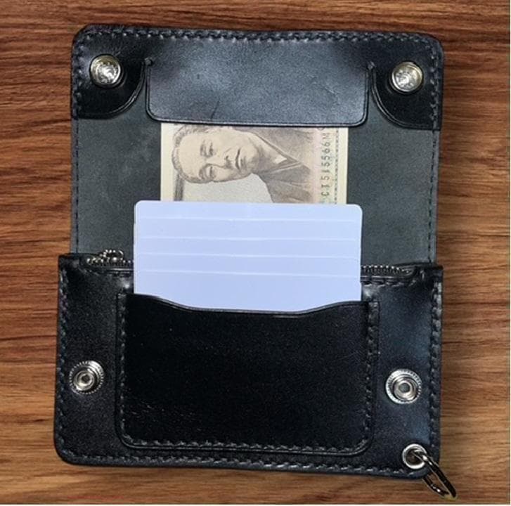 ⑤ミドルトラッカーウォレット/栃木レザー黒色/ホックシルバー/小判