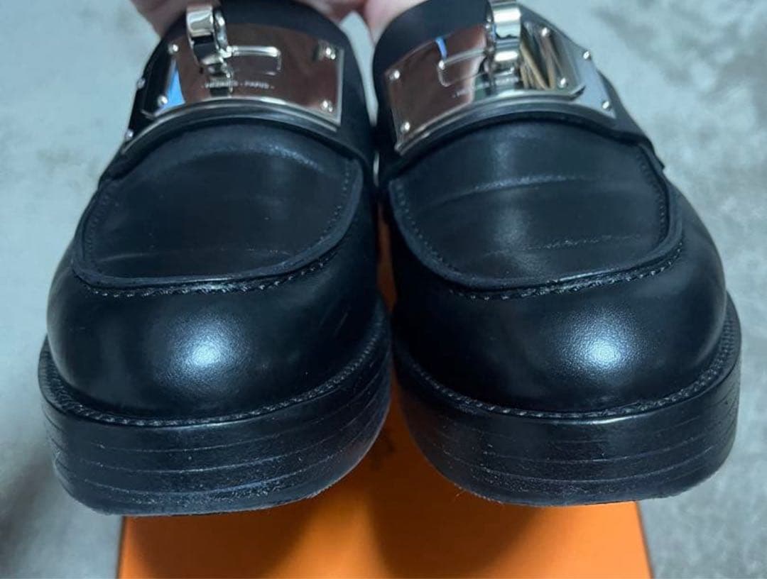 エルメス モカシン ホット 黒 ローファー ケリーバックル シルバー 美