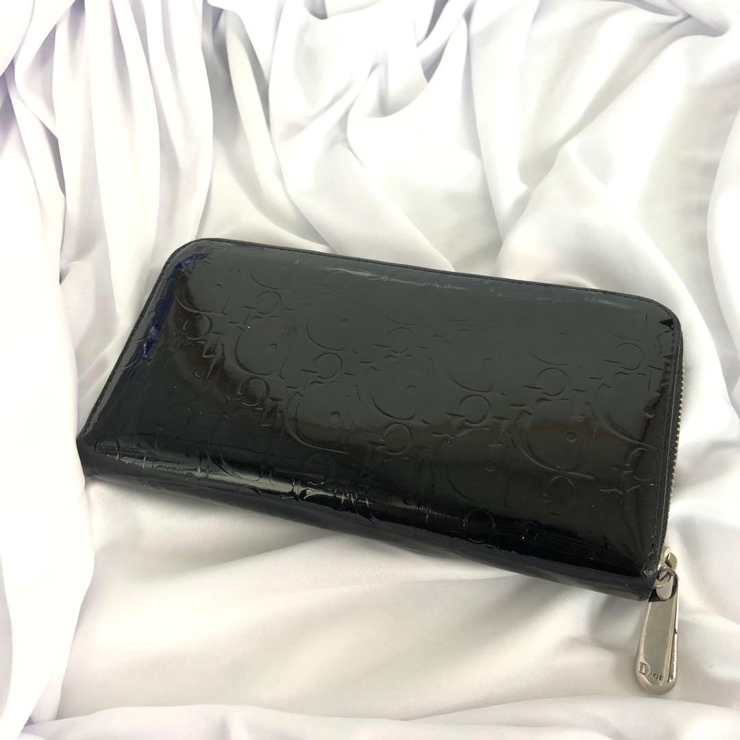 美品 DIOR ディオール オブリーク ラウンドファスナー 長財布 エナメル