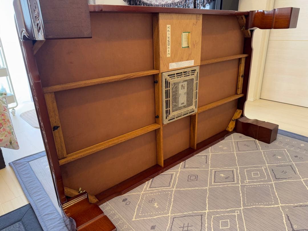 木製彫刻入り座卓こたつ ダークブラウン