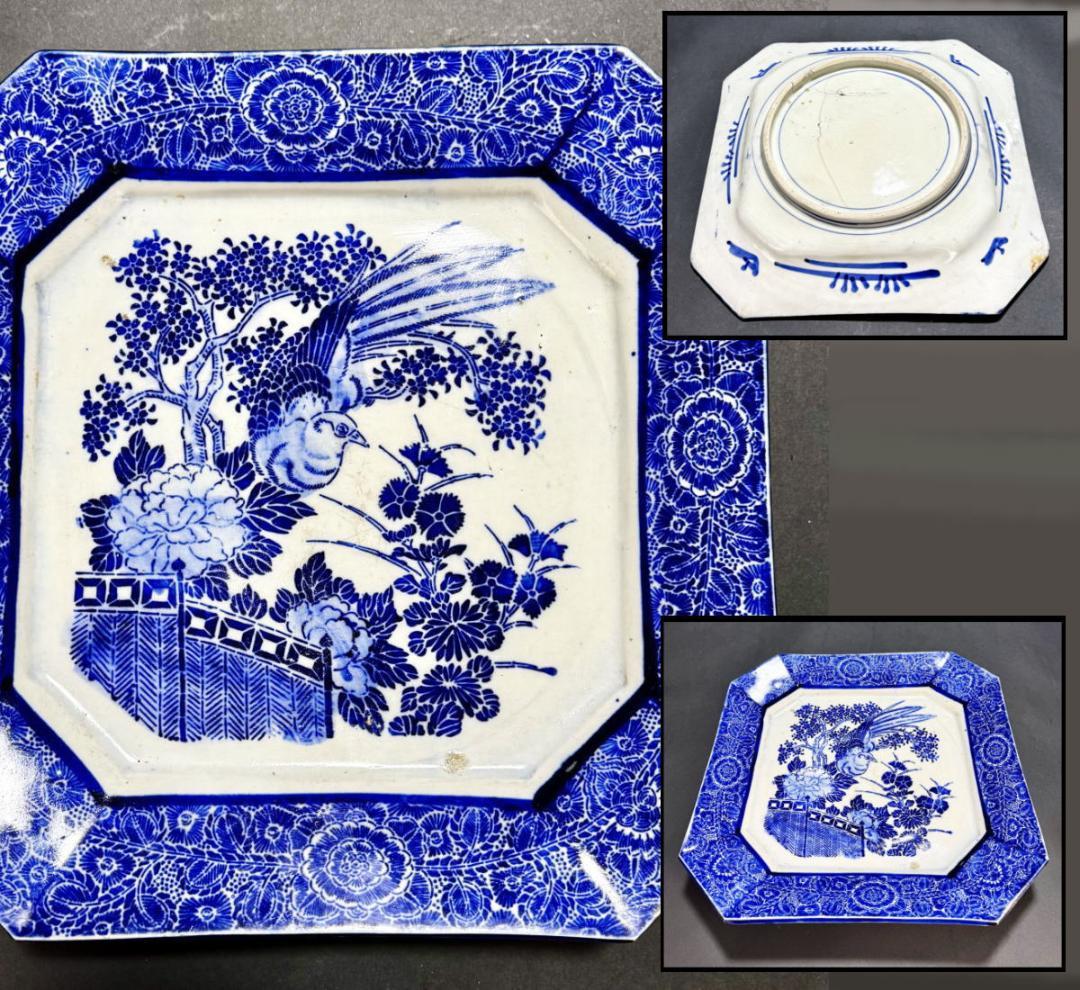 明治時代 古伊万里 印判花鳥図大角皿 菓子器 約横30.5cm WWTT029