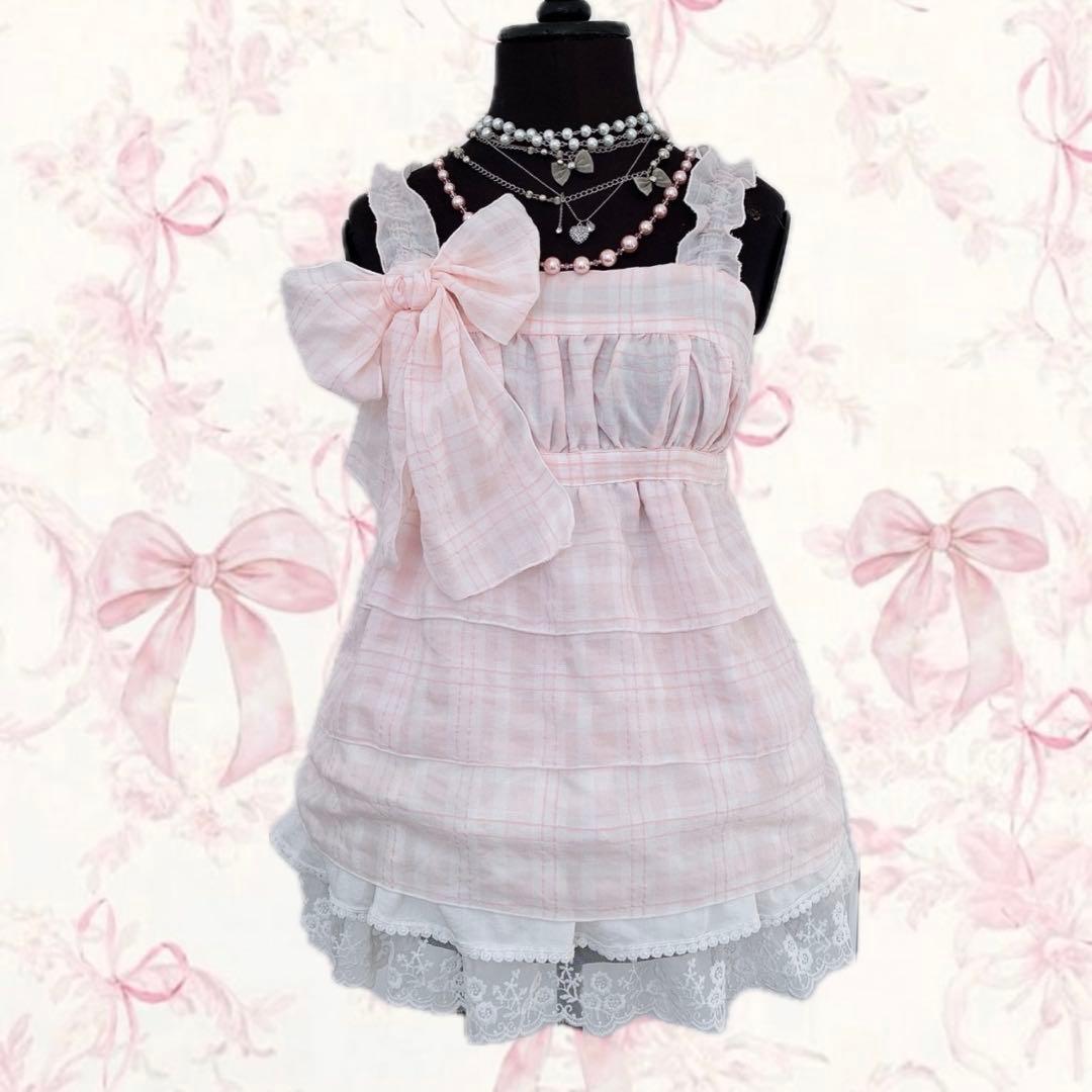 y2k LIZLISA チェック リボン チュニック ティアード キャミソール y2k LIZLISA チェック リボン チュニック ティアード キャミソール