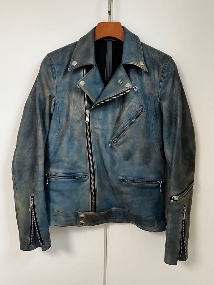 【メンテナンス済み】STRUMダブルライダース BLUE GREEN サイズS STRUM - フルタンニン鞣し ジャパンカーフスキン 燃焼製品染め ダブル