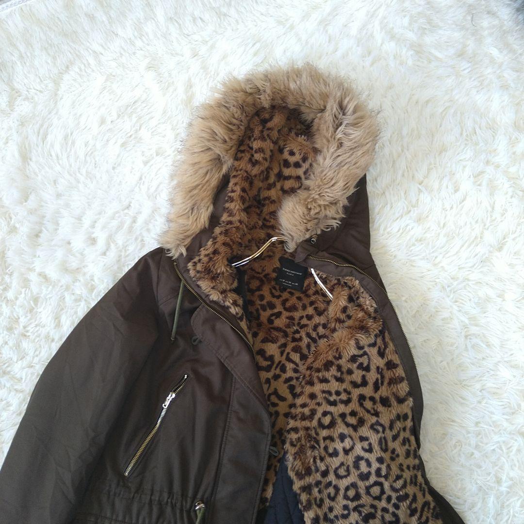 ZARA ザラ ヒョウ柄 ファー付きフードモッズコートMカーキ - メルカリ