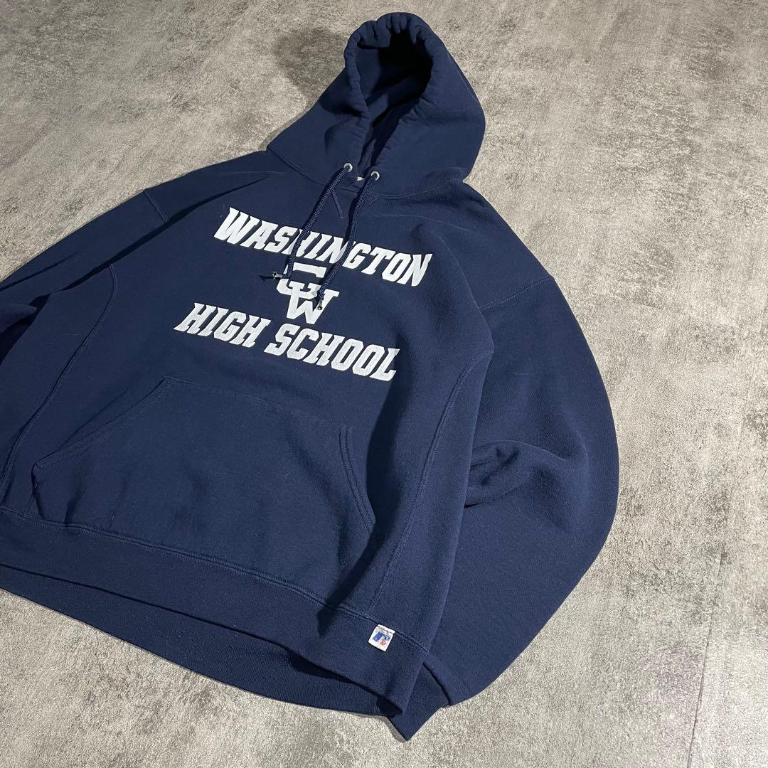 ラッセルアスレチック古着フードパーカー 3段プリントカレッジ系紺前V