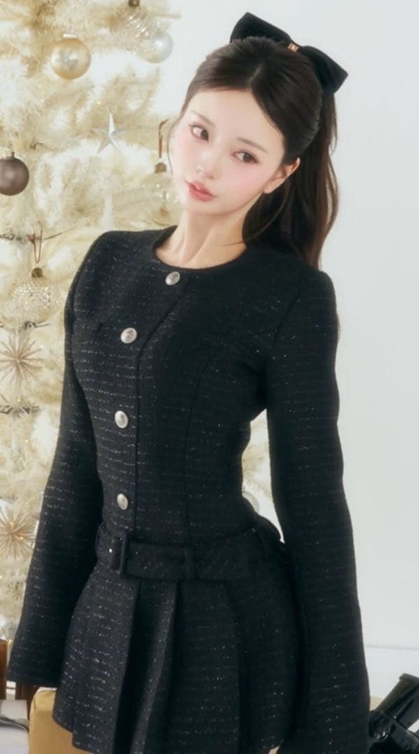 ボックスプリーツツイードミニワンピース ブラック free Darich ダーリッチ Darich ボックスプリーツツイードミニワンピース