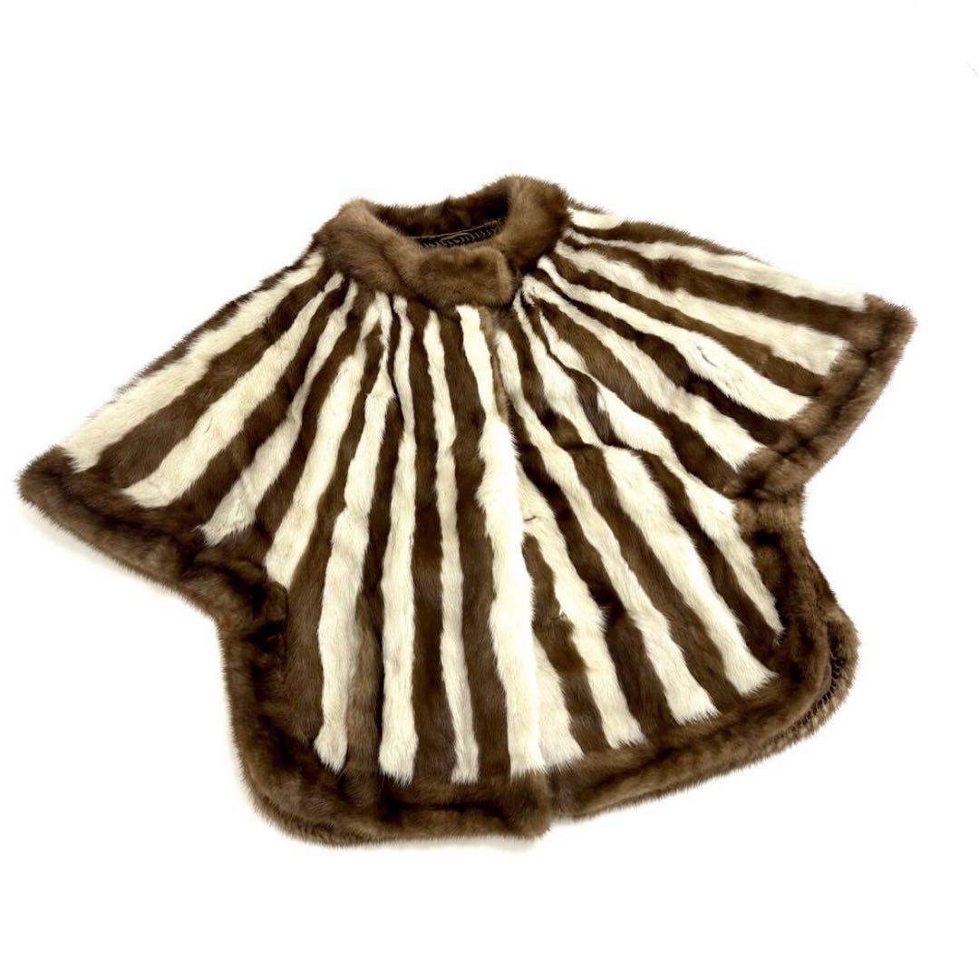 MINKミンク ポンチョマント ケープ デザイン ストライプ柄 毛皮コート MINKミンク毛皮ポンチョケープストライプ柄 ファーコート