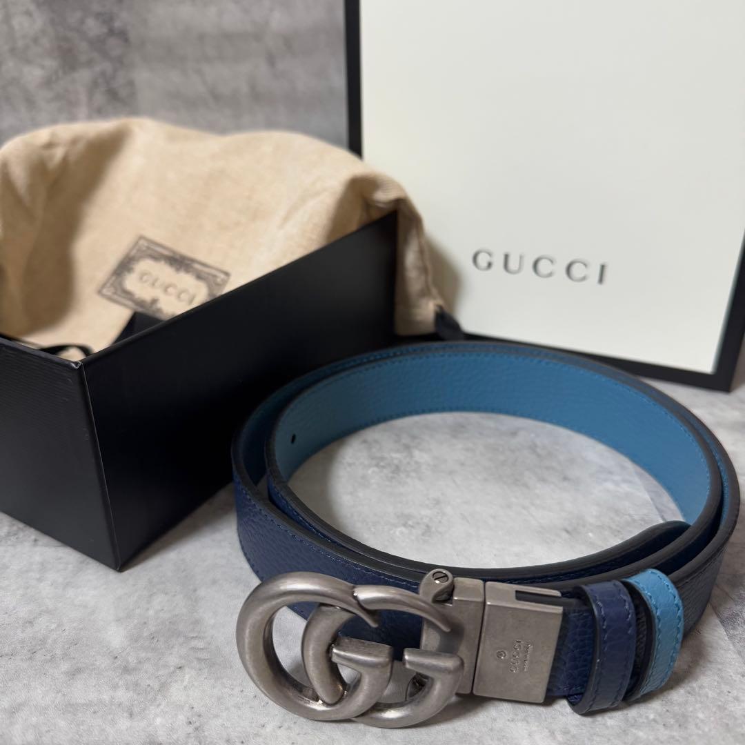 美品 グッチ GGマーモント リバーシブルベルト ネイビー ブルー メンズ