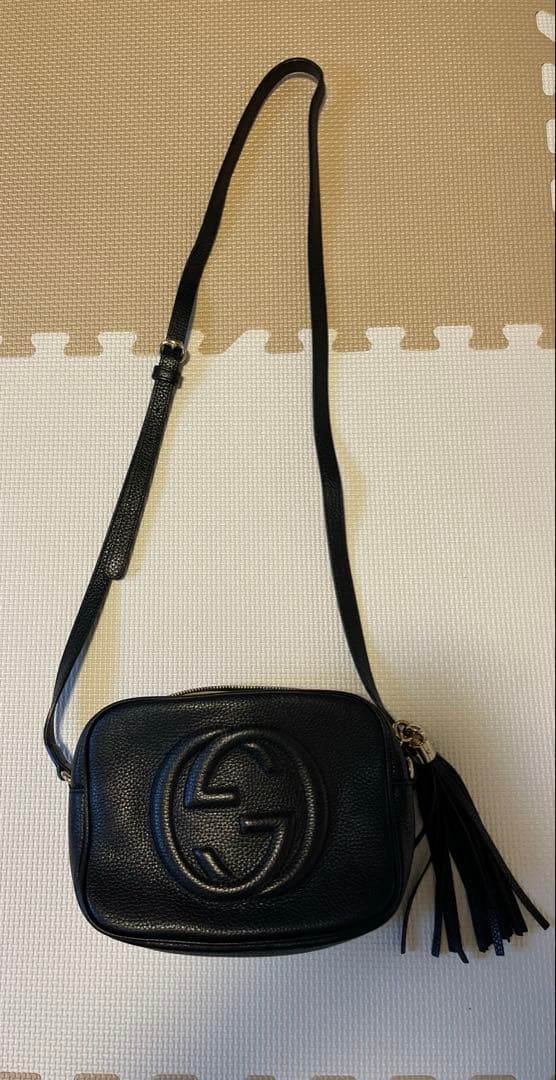 GUCCI ブラックレザー ショルダーバッグ 中古・古着通販】GUCCI (グッチ) レザーキャンバスショルダーバッグ