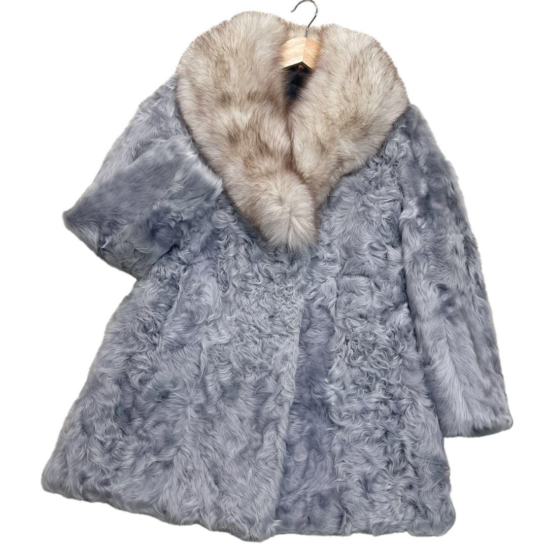 美品　希少カラー　ブルーフォックス　ラム　リアルファーコート　ブルーグレー リアルフォックスファー ジャケット コート フードミディアム
