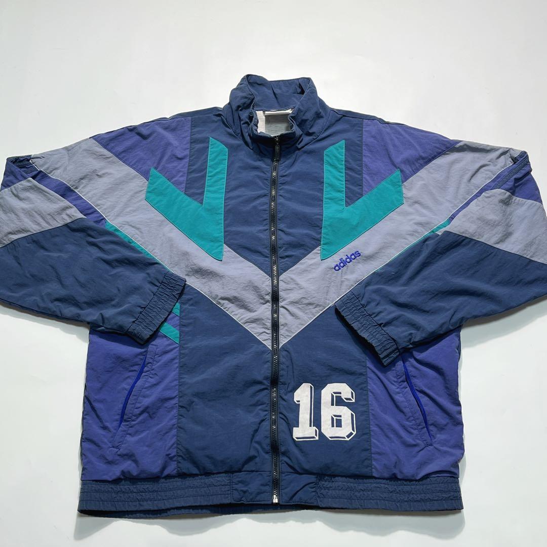 90s アディダス ナイロンジャケット L 紺 クレイジーパターン 7865