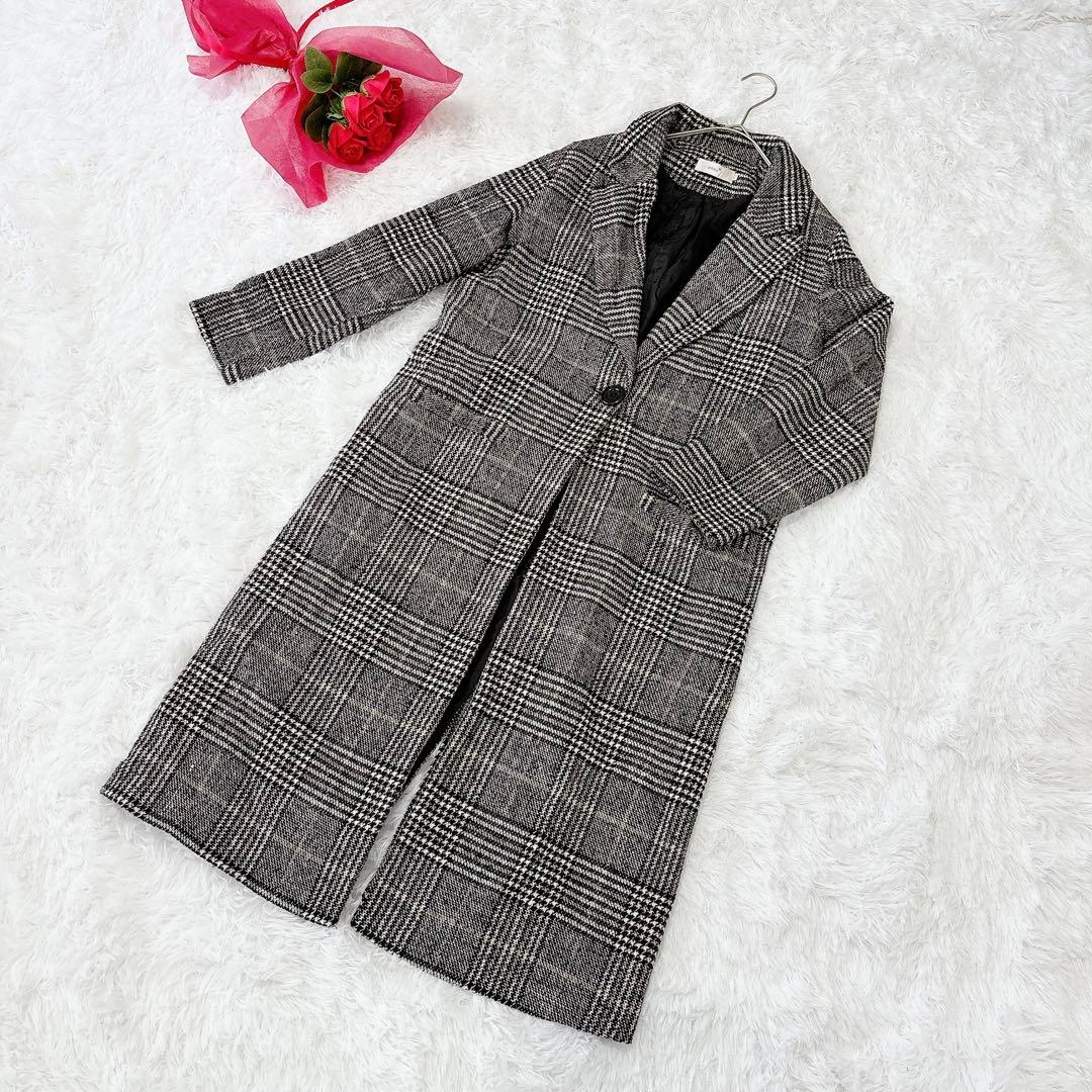 チェック柄ロングコート【M】グレンチェック柄 チェスターコート