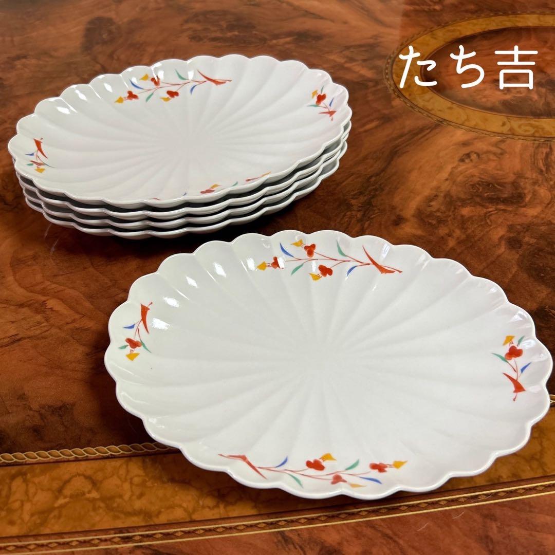 たち吉 楕円皿 5枚セット 菊割皿 中皿 長皿 粉引き 赤絵 輪花皿 和