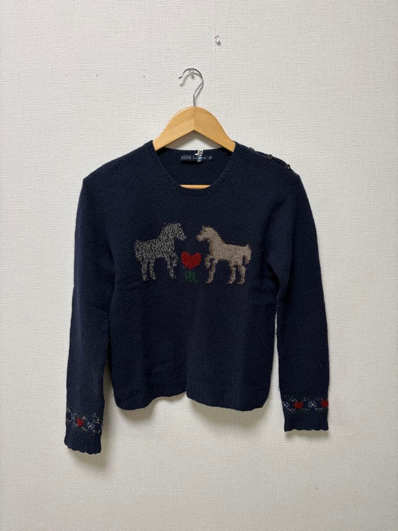 ラルフローレン カシミヤ混 ニット 肩ボタン 馬柄 ネイビー M クリーニング済 ラルフローレン カシミヤ混 ニット 肩ボタン 馬柄 ネイビー M