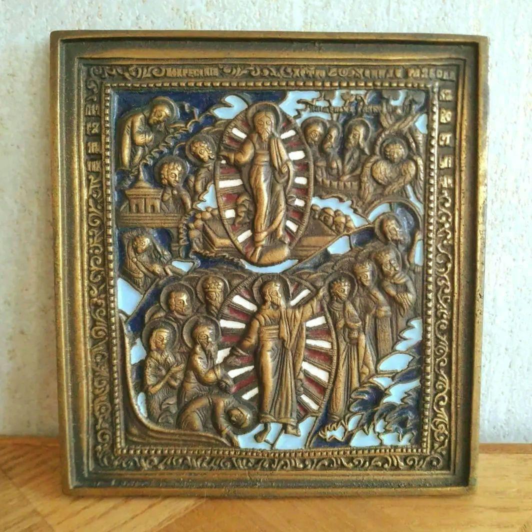 ロシア　イコン　18世紀　銅合金　古銅　エマイユ　キリストの降下　壁掛け ロシア イコン 18世紀 銅合金 古銅 エマイユ キリストの降下 壁掛け