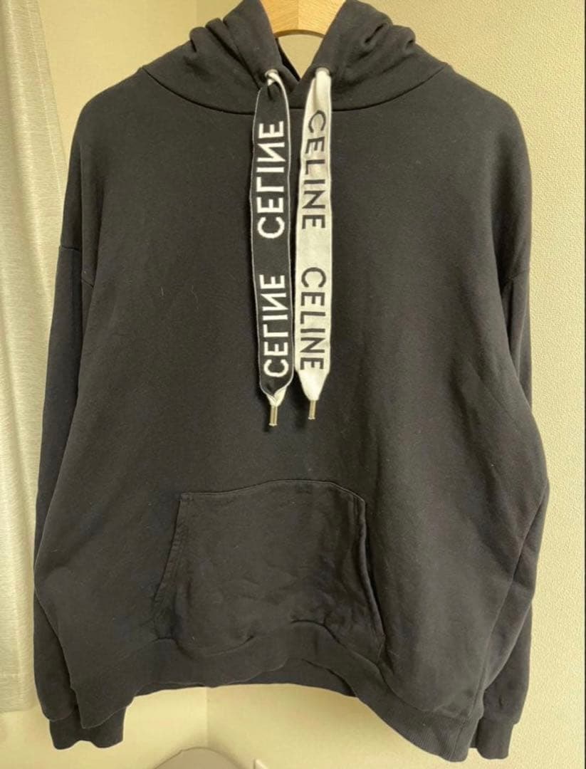 N*y様 CELINE フード付きパーカー 黒 コットン　XL CELINE（セリーヌ） ルーズ フーディー ロゴ プルオーバー コットン