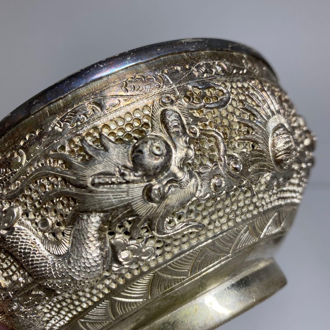 中国古玩 龍銀細工茶碗 2客 直径11.3㎝ 521gタサオ 東な8-