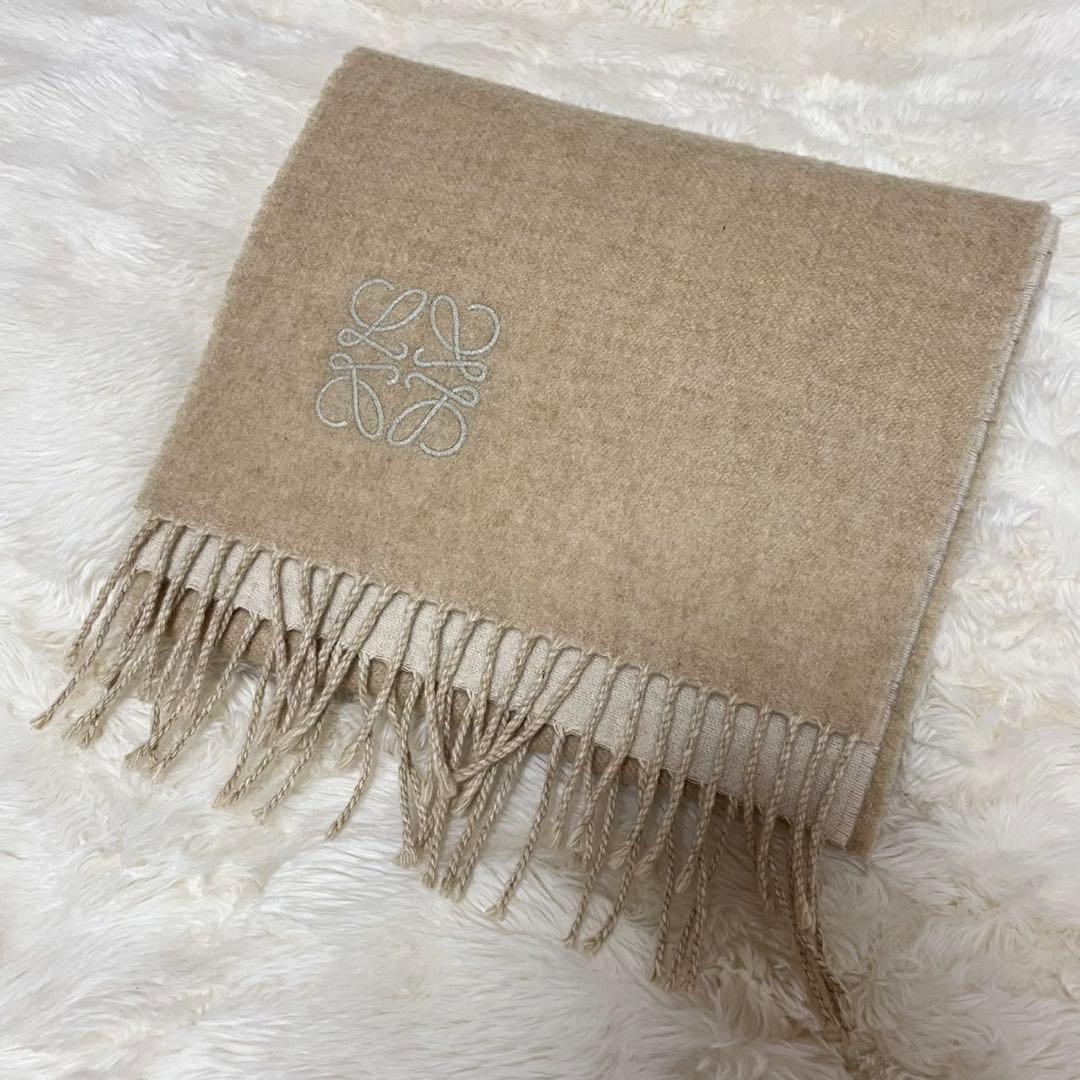 ロエベ　ベージュ ウールカシミア　バイカラー　マフラー LOEWE（ロエベ） マフラー バイカラー ストール フリンジ アナグラム