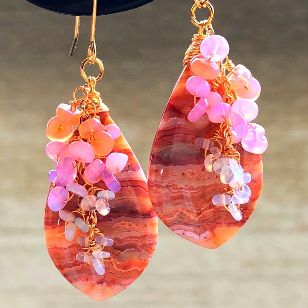 天然石③♡レア♡ピンククレイジーレースアゲートのピアス14kgf