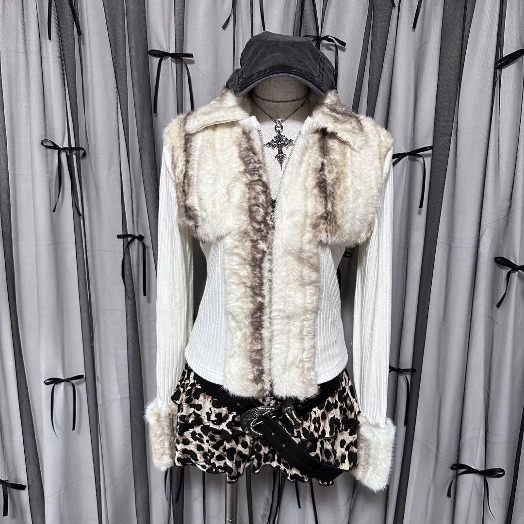 平成ギャル y2k フェアリーグランジ ファー付き ダブルジップ パーカー