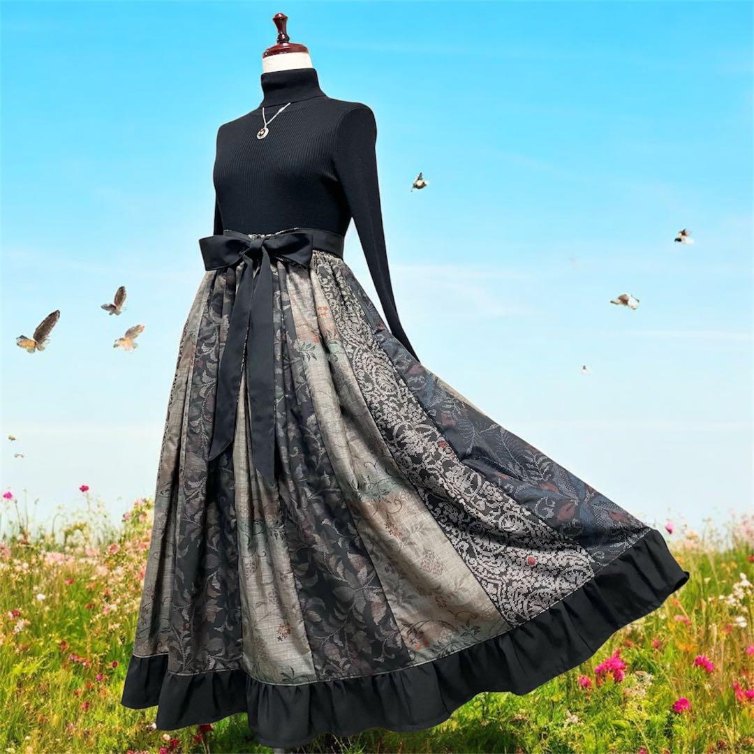 011❇︎大島紬14枚剝ギャザーたっぷりスカート ウエストゴム リボン両