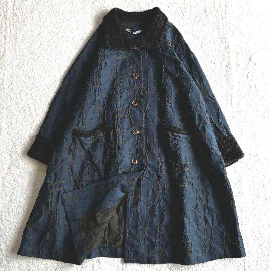 美品 エムアンドキョウコ 佐藤繊維 モヘヤニットジャガード切り替えコート 花柄 M &KYOKO エムアンドキョウコ ニットベスト ショール襟 刺繍 佐藤繊維