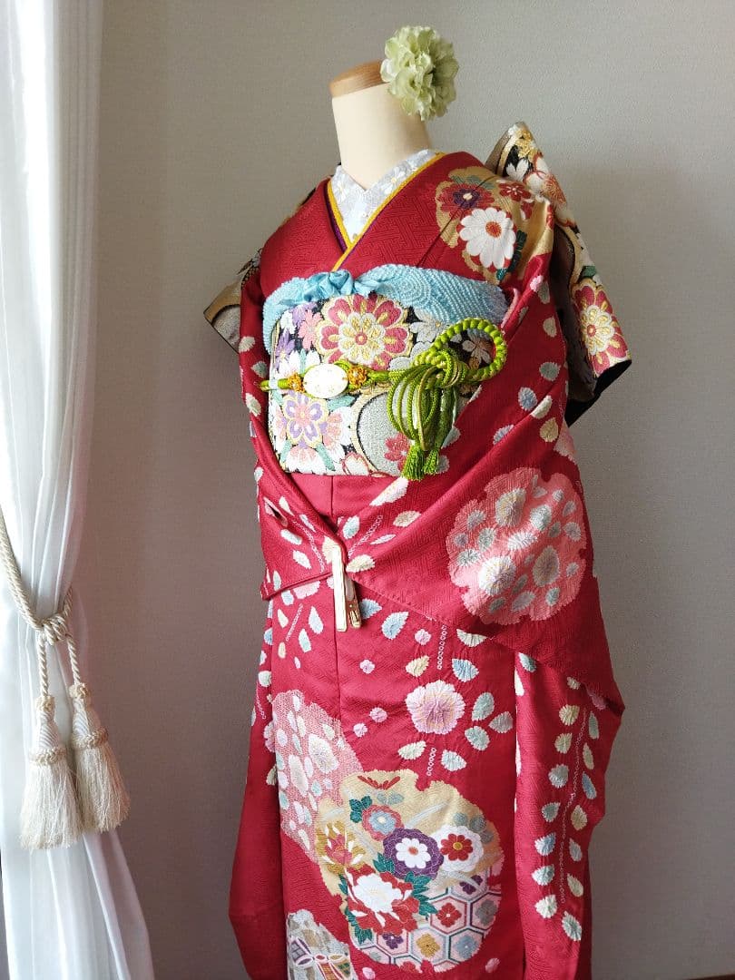 436.高級！！手仕事の花絞りと雪輪 振袖5点セット 正絹 フルセット