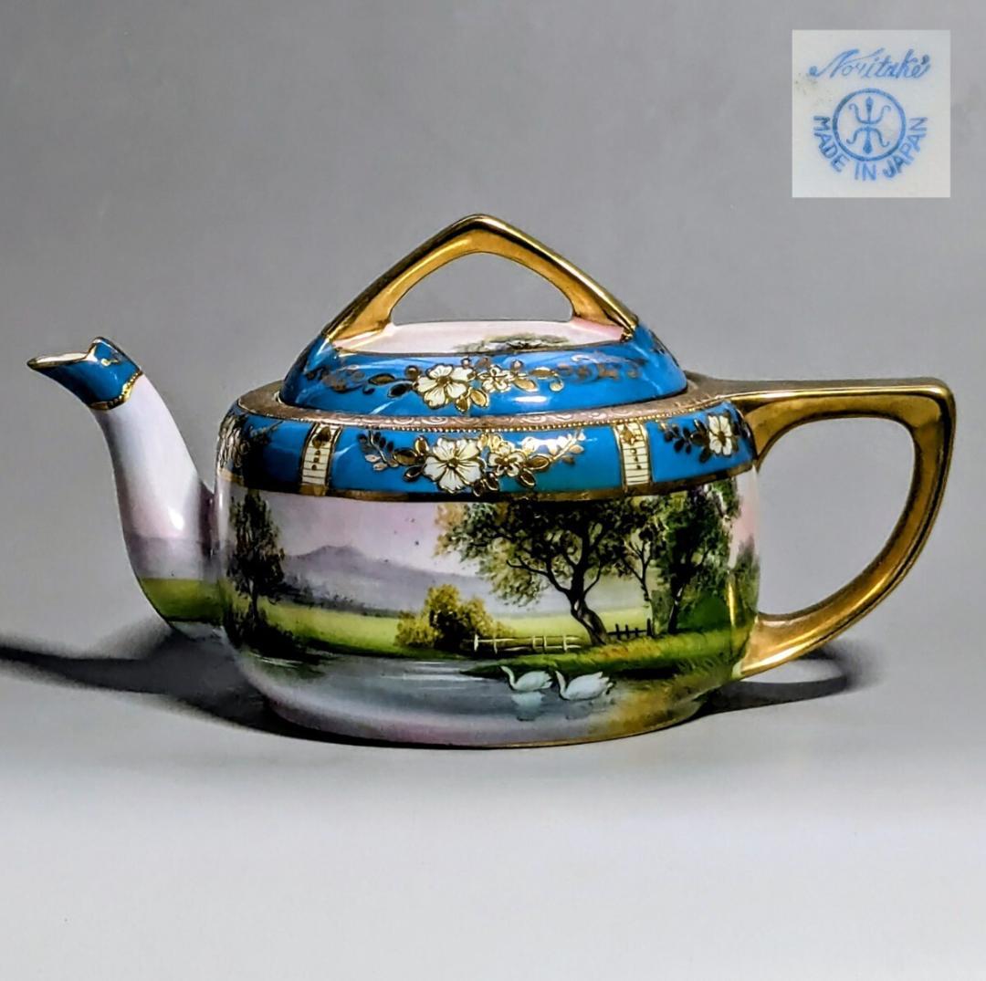 オールドノリタケ ポット ターコイズ 湖畔風景白鳥図 　金彩金盛上 有名パターン オールドノリタケ 有名パターン 金盛上藍帯イギリス 金彩湖畔白鳥風景