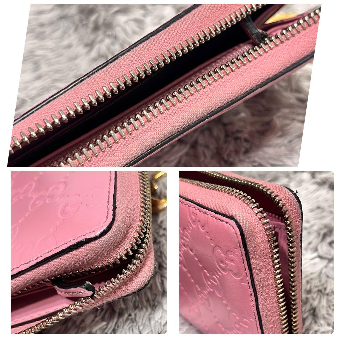 良品✨GUCCI シマ ピンク ラウンドファスナー 長財布 インター
