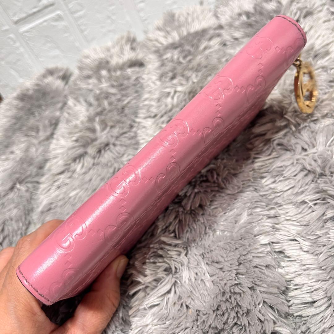 良品✨GUCCI シマ ピンク ラウンドファスナー 長財布 インター