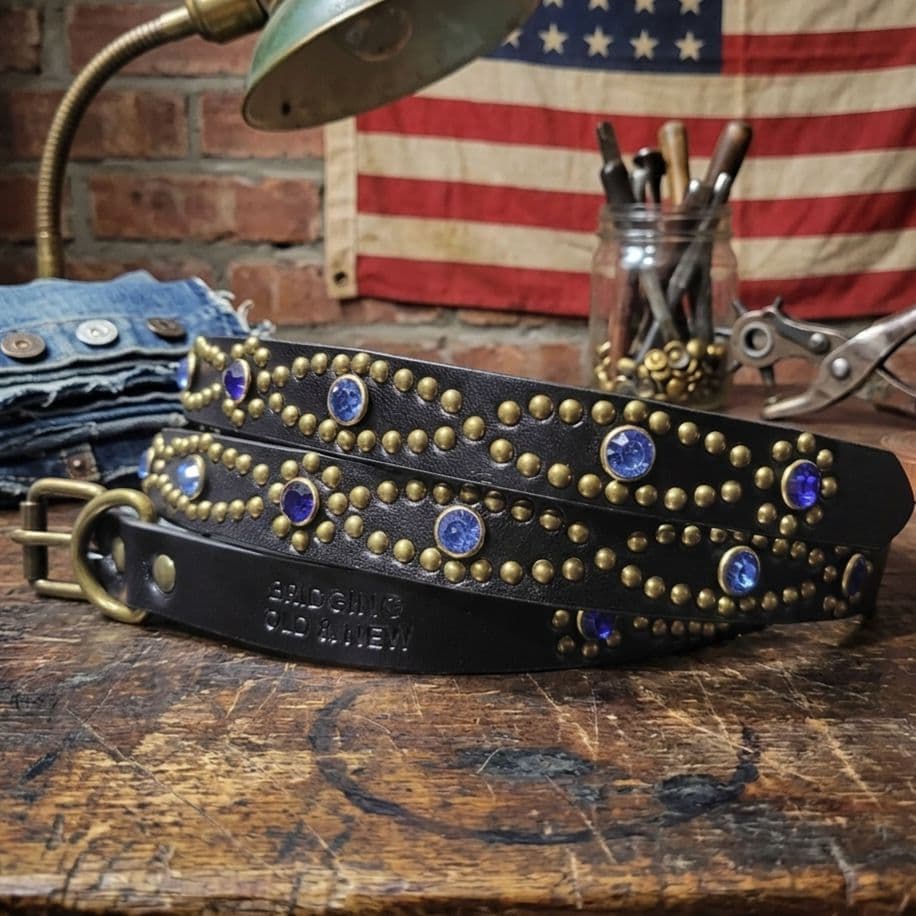 アイ青□本革レザーフルスタッズナローベルト☆アメカジ古着